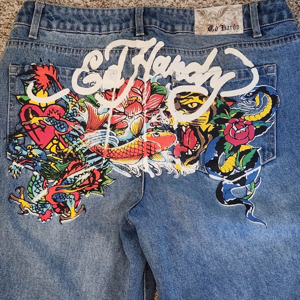 ⚡️Ed Hardy Koi🐍Snake Tattoo Baggy freyed Jeans STREETWEAR Y2K VTG skater grunge